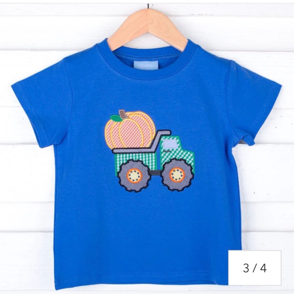 Classic Whimsy T-Shirt in Blue with Pumpkin Truck Appliqué, size 2T